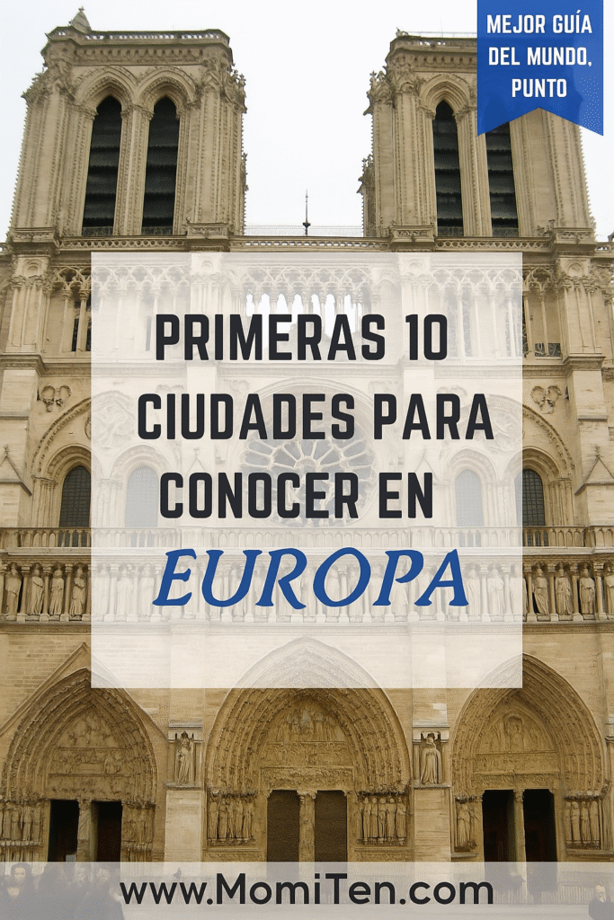 Fachada de la catedral de Notre-Dame con texto sobre ciudades europeas